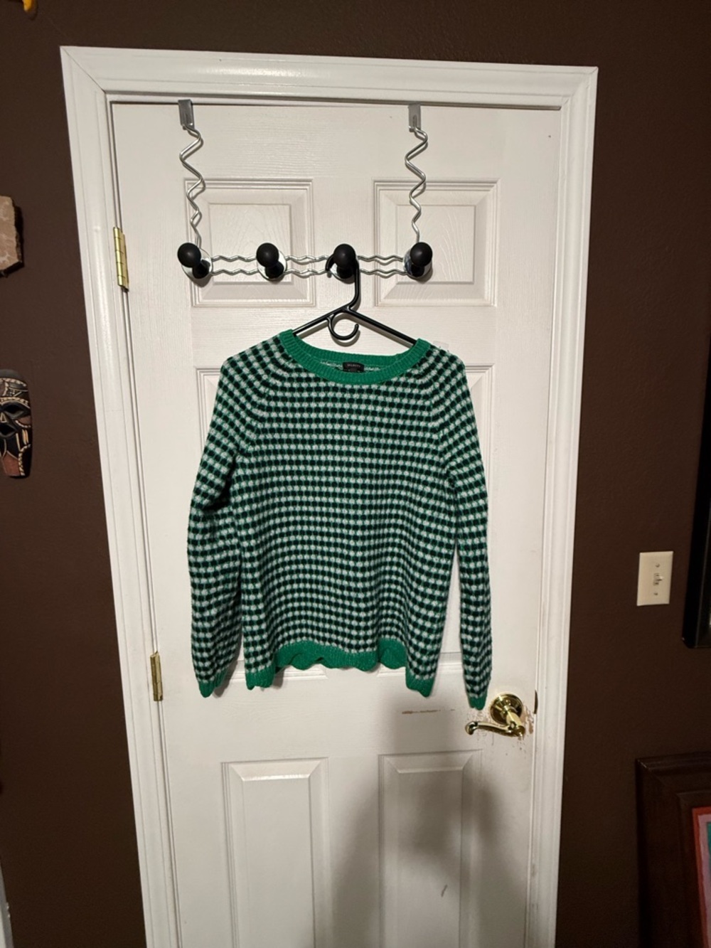 Talbots Green and White Houndstooth Crewneck Sweater